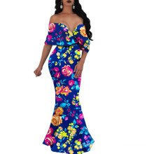 L51619 Hot Selling Elegant V-Neck Casual Bandeau Printed Backless Long Dress Boho Maxi Dress